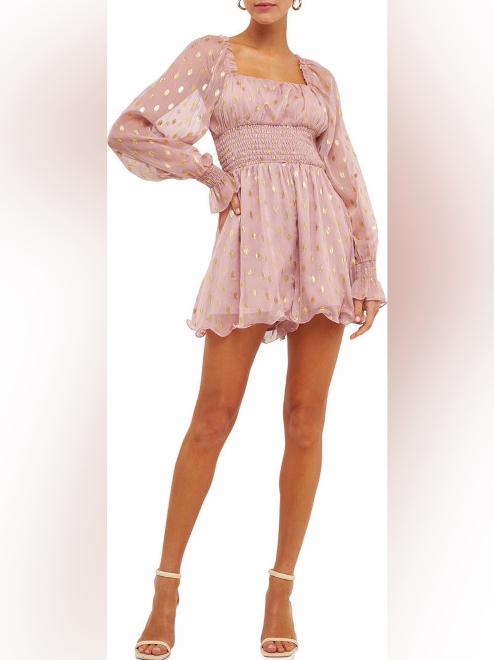 Endless Rose Foiled Dot Long Sleeve Romper Dusty Pink Gold XS